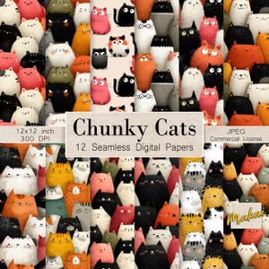 Puede incluir: Una colección de 12 papeles digitales sin costuras con gatos de dibujos animados coloridos. Los gatos se representan en varios colores, incluyendo negro, blanco, naranja y rosa. La imagen incluye el texto "Chunky Cats" y "12 Seamless Digital Papers".