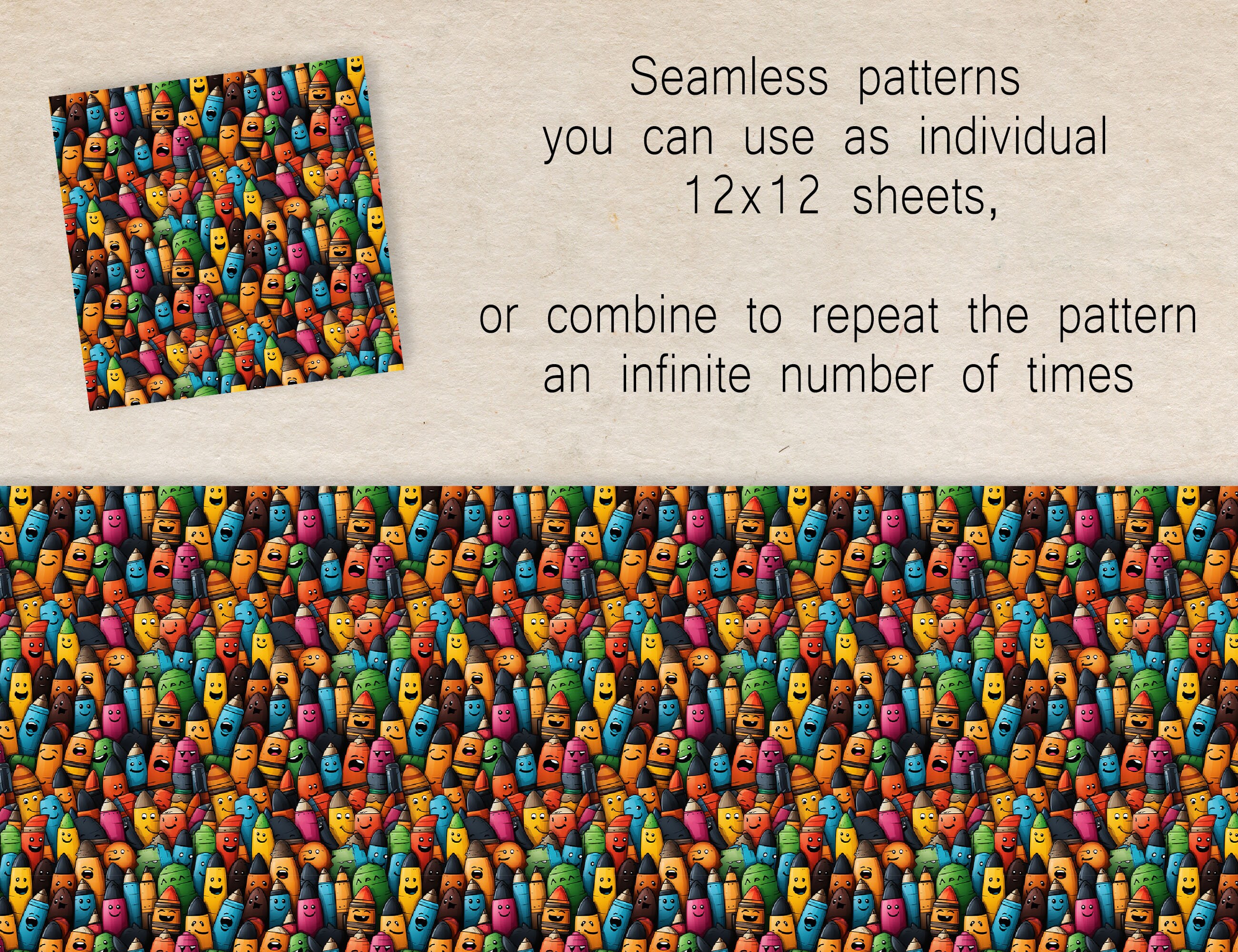 12 Digital Seamless Patterns, Cartoon Crayons for Back to School. for ...