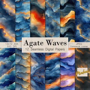 May include: 12 digital papers featuring abstract agate wave patterns in shades of blue, orange, and gold. Each paper is 12x12 inches and 300 DPI. Agate Waves - 12 Seamless Digital Papers. JPEG - Commercial License.
