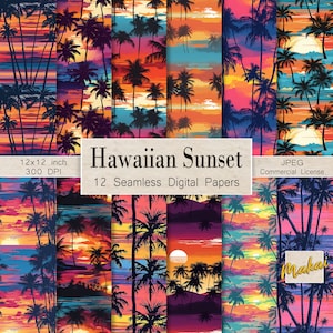May include: Twelve digital papers featuring a Hawaiian sunset scene with palm trees and a colorful sky. The papers are 12x12 inches and 300 DPI. The text "Hawaiian Sunset" and "12 Seamless Digital Papers" is included in the image.