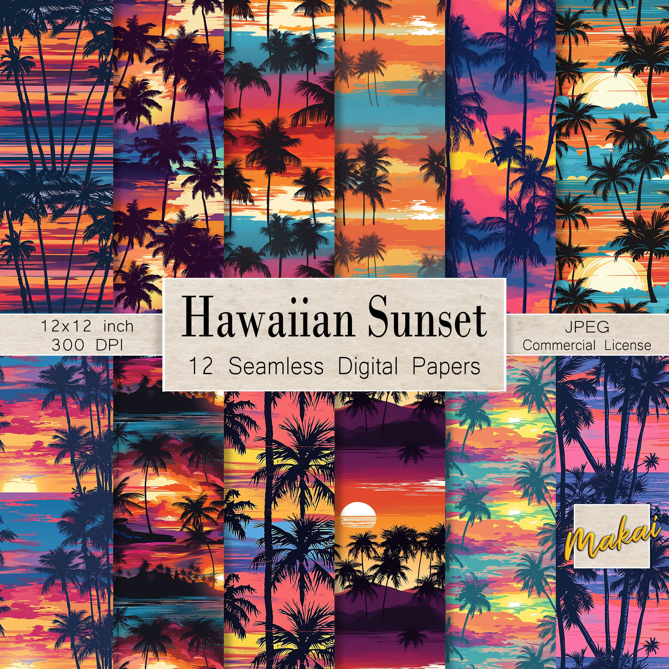 12 Seamless Digital Patterns, Bright Hawaiian Sunset designs, Use for cards, invitations, sublimation, fabric printing, Commercial license