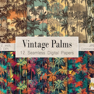 12 motifs numériques sans couture, motifs de palmiers vintage, à utiliser pour des journaux, des cartes, des albums de scrapbooking, des invitations, du papier cadeau, des décorations tropicales rétro