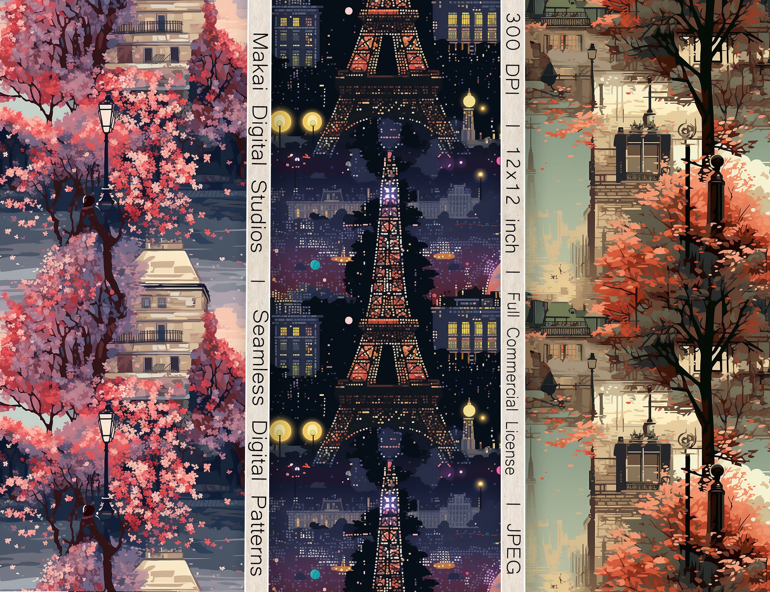 12 Seamless Digital Patterns, Paris in the Springtime, Use for Romantic ...