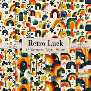 12 patrones digitales sin costuras, arcoíris bohemios retro brillantes del Día de San Patricio, para impresión en tela, tarjetas, diseño web, licencia comercial