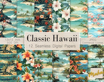 Retro Hawaiian Beach and Flowers, 12 Seamless Digital Patterns, Use for printing, invitations, gift wrap, sublimation, Commercial license