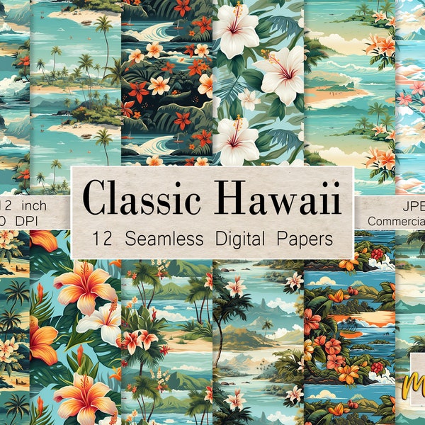 Retro Hawaiian Beach and Flowers, 12 Seamless Digital Patterns, Use for printing, invitations, gift wrap, sublimation, Commercial license