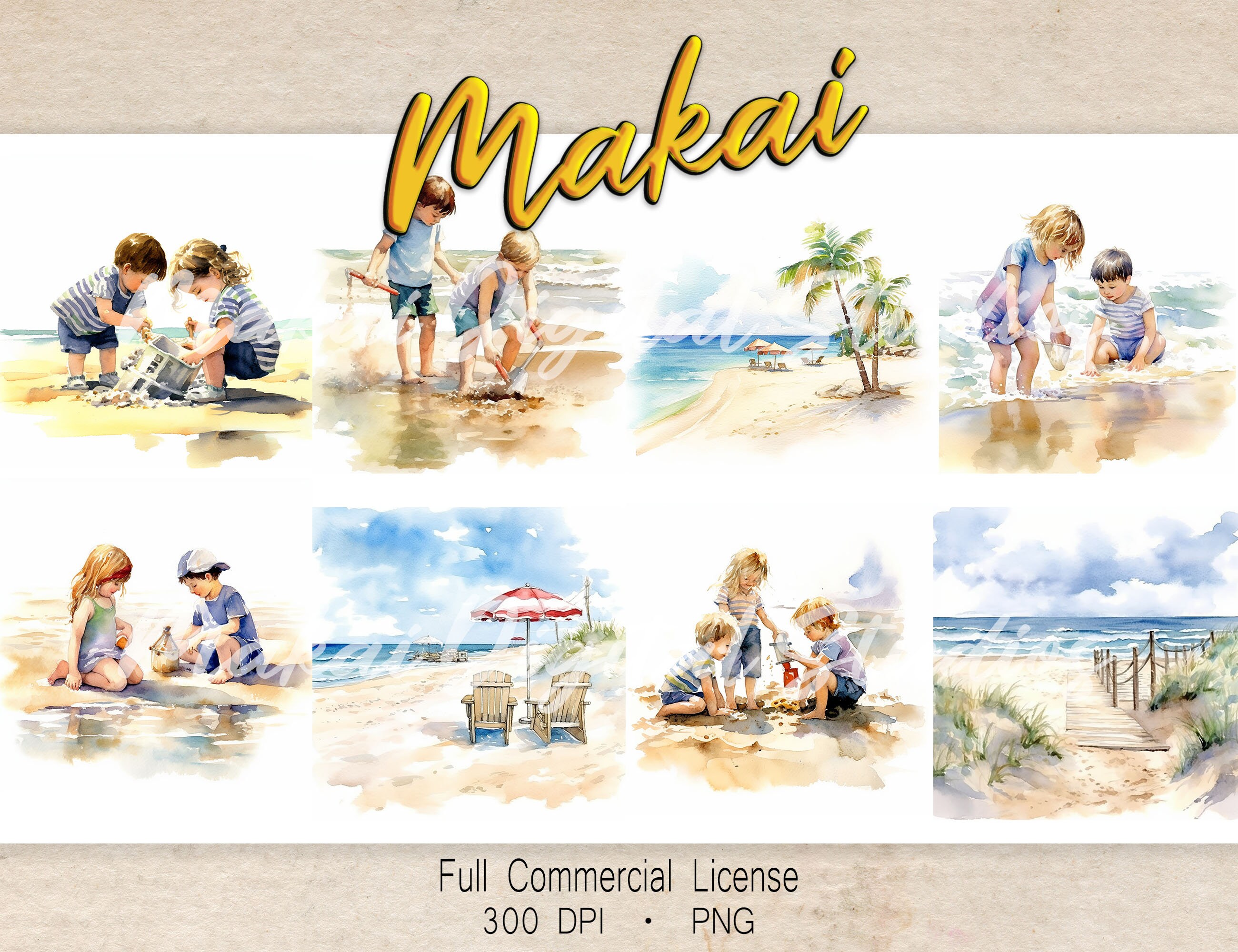 20 Clip Art Graphics, Watercolor Beach Clipart, Instant Download, Full ...