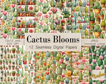 Watercolor Cactus Flowers Patterns, 12 Seamless Digital Patterns, Use for fabric printing, cards, sublimation, Watercolor Succulent Papers