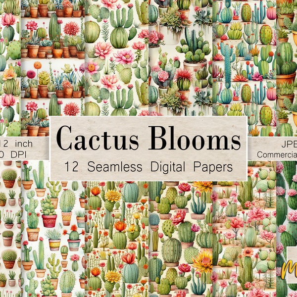 Watercolor Cactus Flowers Patterns, 12 Seamless Digital Patterns, Use for fabric printing, cards, sublimation, Watercolor Succulent Papers