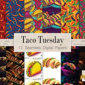 12 patrones digitales sin costuras, patrón de tacos sin costuras, uso para diarios, tarjetas, álbumes de recortes, invitaciones, papel de regalo, ¡Taco para una fiesta!