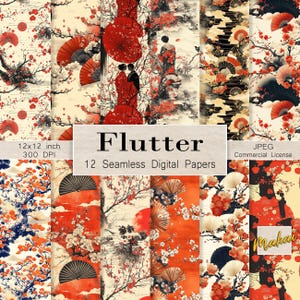 Può includere: Dodici carte digitali con un design di ispirazione giapponese con fiori di ciliegio, ventagli e nuvole in tonalità di rosso, nero, bianco e oro. Le carte misurano 12x12 pollici e 300 DPI. Il testo "Flutter" e "12 Seamless Digital Papers" è incluso nell'immagine.