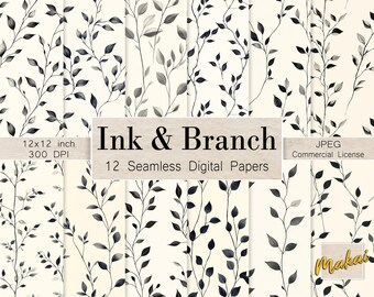 Black and White Botanical Patterns: Seamless Foliage Digital Paper (Commercial Use)