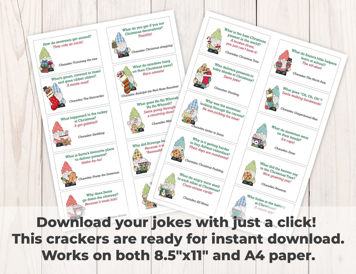 Jokes for DIY Christmas Crackers, Gnomes Christmas Cracker Mottos &amp; Charades, Instant Download ...