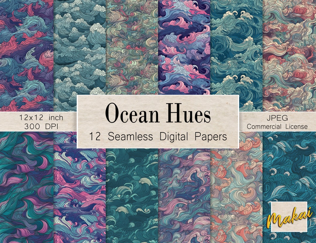 12 Seamless Digital Patterns, Summer Illustrated Ocean Wave Patterns ...