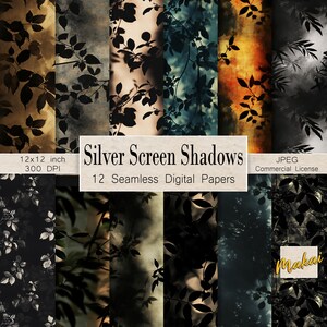 Puede incluir: Doce papeles digitales con un patrón sin costuras de siluetas de hojas negras sobre fondos de colores variados. Los papeles miden 30,48 cm por 30,48 cm y tienen una resolución de 300 DPI. El texto "Silver Screen Shadows" se muestra sobre un fondo marrón.