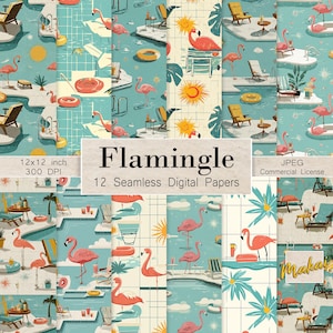 Op de afbeelding: Een verzameling van 12 naadloze digitale papieren met een flamingo-thema. De papieren bevatten illustraties van roze flamingo's, ligstoelen, zwembaden en zonnen. De papieren zijn 30,48 x 30,48 cm groot. Het woord "Flamingle" wordt weergegeven.