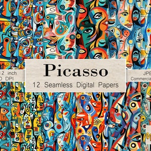 Patrones inspirados en Picasso, 12 papeles digitales sin costuras, para tarjetas, invitaciones, envoltura de regalos, sublimación, licencia comercial