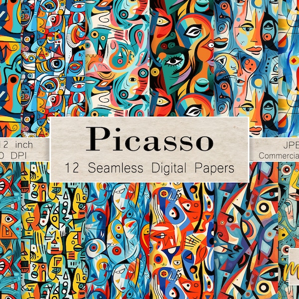 Fine Art Inspired Picasso Patterns, 12 Seamless Digital Papers, For cards, invitations, gift wrap, sublimation, Commercial License