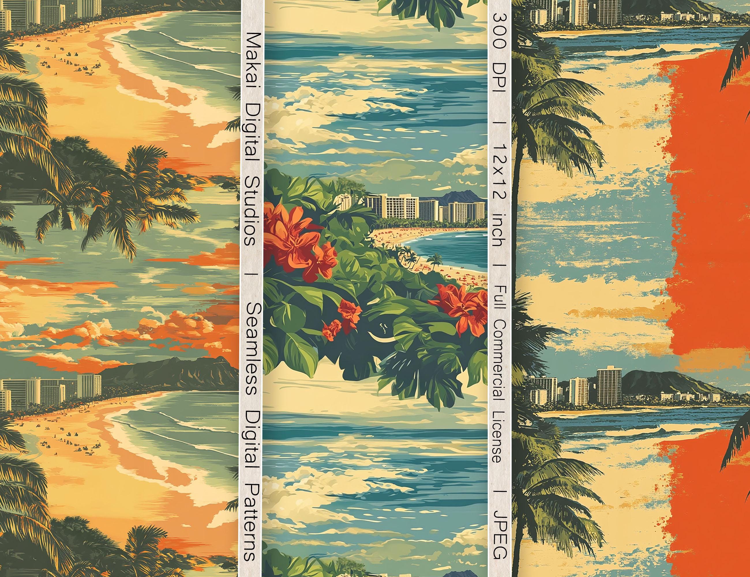 Surf Wear Pattern 12 Tropical Beach Seamless Patterns, Retro Hawaii Waikiki, Ocean Sunset ...