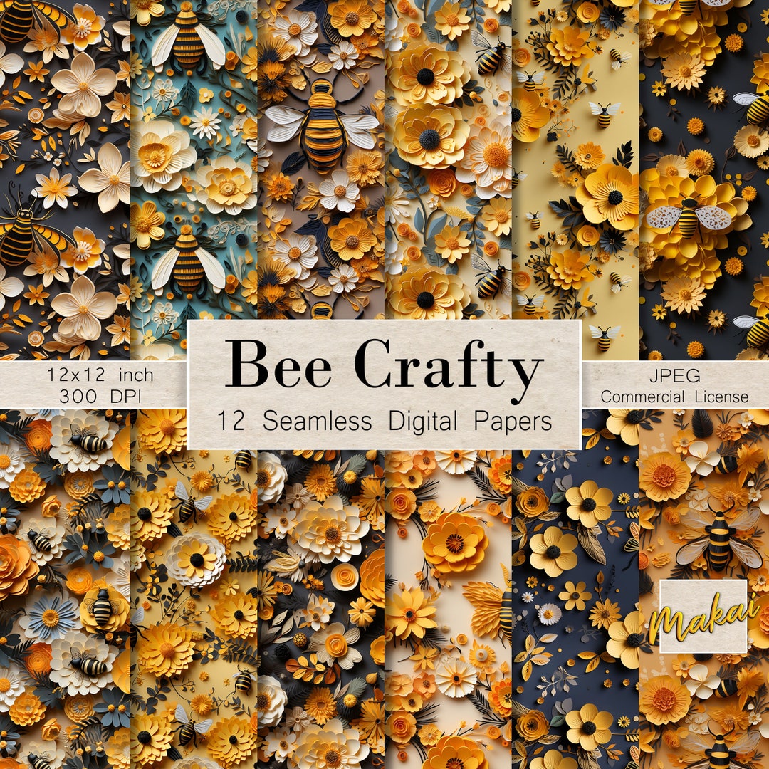 12 Seamless Digital Patterns, Paper Crafted Spring Bees and Flowers for ...