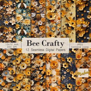 12 Seamless Digital Patterns, Paper Crafted Spring Bees and Flowers for cards, invitations, sublimation, fabric printing, Commercial license