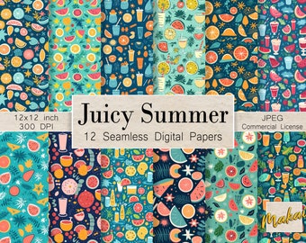 Bold summer fruit and drink graphics, 12 Seamless Digital Patterns, For invitations, fabric printing, digital designs, Commercial License