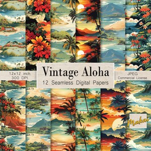 Op de afbeelding: Twaalf digitale papieren met een vintage Hawaïaans strandtafereel met palmbomen, bergen en een zonsondergang. De papieren zijn 30,5 x 30,5 cm en 300 DPI. De tekst "Vintage Aloha" en "12 Seamless Digital Papers" is in de afbeelding opgenomen.
