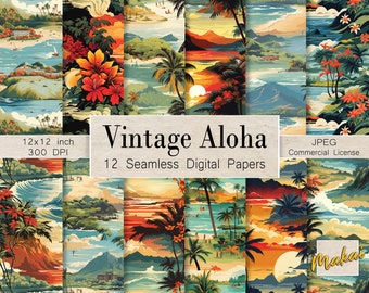 12 Seamless Digital Patterns, Vintage Hawaiian Travel Patterns, Use for cards, invitations, sublimation, fabric printing, Commercial license