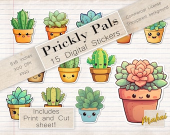 15 Printable Stickers, Instant Download, Succulents and Cactus, Digital stickers for digital journals, digital scrapbooking, Print then Cut
