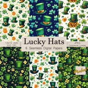 May include: Six digital paper designs featuring a seamless pattern of green leprechaun hats and shamrocks on a variety of backgrounds, including white, black, and blue. The text "Lucky Hats" is displayed on a brown background.