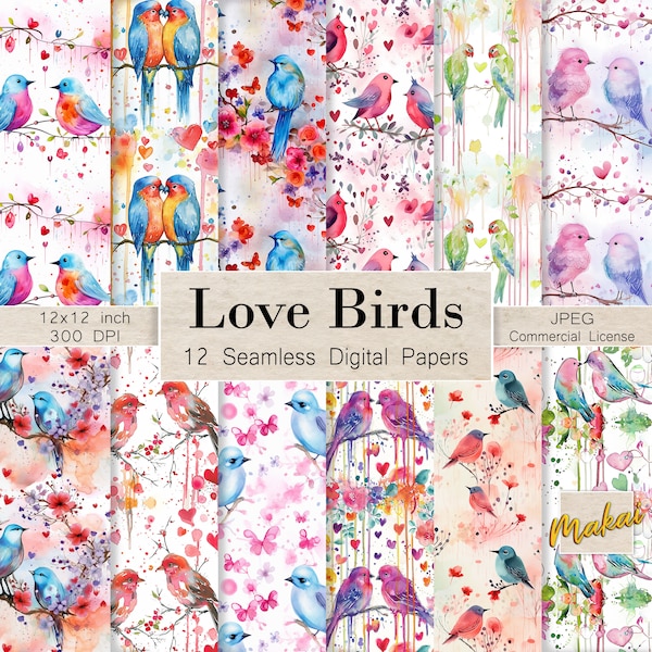 12 motifs numériques sans couture, oiseaux aquarelles pour la Saint-Valentin, utilisation pour cartes, invitations, sublimation, impression sur tissu, licence commerciale