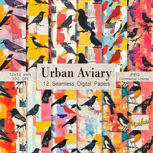 Op de afbeelding: Een verzameling van 12 naadloze digitale papieren met het thema "Urban Aviary". Elk papier heeft kleurrijke abstracte achtergronden met vogelillustraties. De papieren zijn 30,48 x 30,48 cm en geschikt voor commercieel gebruik.