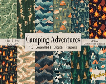 12 Seamless Digital Patterns, Summer camping patterns, Use for journals, cards, scrapbook, invitations, gift wrap, Outdoors camping party