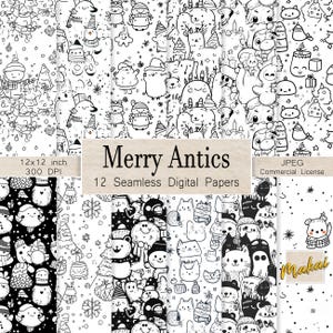 12 Digitale sich wiederholende Hintergründe, Schwarz-Weiß-Weihnachtskarikaturen, Für Karten, Einladungen, Sublimation, Stoffdruck, kommerzielle Lizenz
