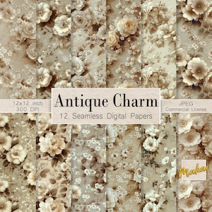 12 Vintage Rose Floral Digital Papier, Beige & Sepia Muster, Hochzeitseinladungen, Stoffdruck, Sublimation, kommerzielle Nutzung