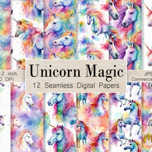12 Seamless Digital Papers, Watercolor Rainbow Unicorns, For journals, scrapbook, invitations, gift wrap, sublimation, fabric printing
