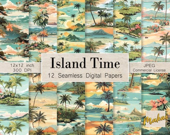 12 Seamless Digital Patterns, Watercolor Vintage Hawaiian, Use for cards, invitations, sublimation, fabric printing, Commercial license