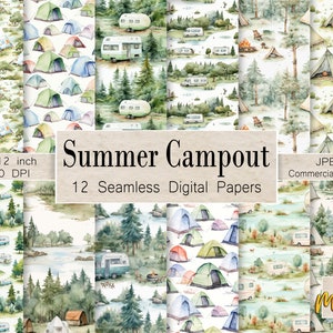 Patrones para campamentos de verano, 12 patrones digitales sin costuras, para usar en diarios, tarjetas, álbumes de recortes, invitaciones, papel de regalo, fiestas de campamento al aire libre