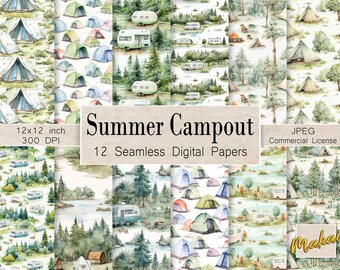 Summer camping patterns, 12 Seamless Digital Patterns, Use for journals, cards, scrapbook, invitations, gift wrap, Outdoors camping party