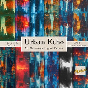 Op de afbeelding: Twaalf digitale papieren met een stadsbeeld met een wazig, abstract effect in tinten blauw, groen, rood en geel. De papieren zijn 30,48 cm x 30,48 cm en 300 DPI. De tekst "Urban Echo" wordt op de afbeelding weergegeven.