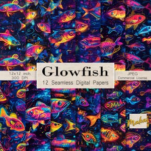 May include: Twelve digital papers featuring a seamless pattern of neon glowfish on a dark blue background. The fish are in various shades of pink, blue, green, and yellow. The text "Glowfish" and "12 Seamless Digital Papers" is displayed on a brown background.