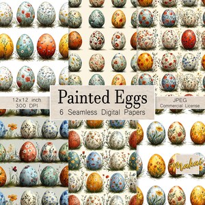6 motifs numériques répétés, oeufs de Pâques peints, fleurs et plantes, cartes, faire-part, sublimation, impression sur tissu, licence commerciale