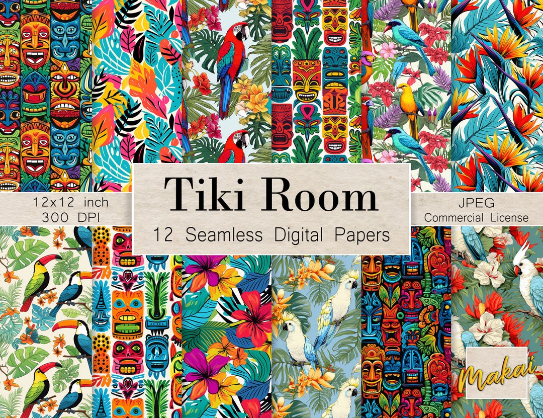12 Seamless Digital Patterns, Summer Hawaiian Luau and Tikis, Use for ...