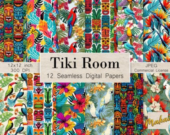 12 Seamless Digital Patterns, Summer Hawaiian Luau and Tikis, Use for sublimation, cards, scrapbook, invitations, gift wrap, Tiki Room