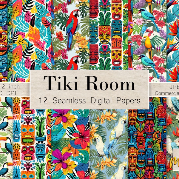 12 Seamless Digital Patterns, Summer Hawaiian Luau and Tikis, Use for sublimation, cards, scrapbook, invitations, gift wrap, Tiki Room