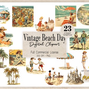 23 Clip Art Graphics, Vintage Beach clipart, Instant Download, Full Commercial Use License, Retro Summer Designs, Vintage beach graphics