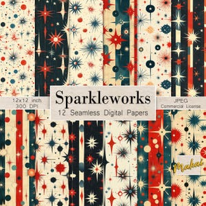 May include: A collection of 12 seamless digital papers with a retro, mid-century modern design. The patterns feature starbursts, dots, and stripes in red, navy blue, and cream colors. The papers are 12x12 inches and 300 DPI.