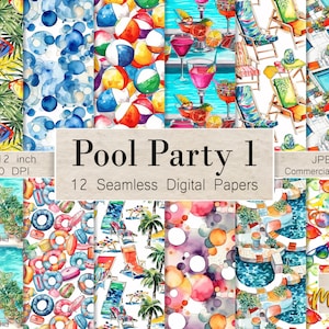 May include: Twelve digital papers featuring watercolor illustrations of pool party themes. The designs include beach balls, cocktails, sunglasses, palm trees, pool floats, and swimming pools.