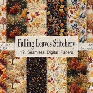 May include: Twelve digital papers featuring autumn leaves in various shades of red, orange, yellow, and brown. The papers are seamless and can be used for crafting, scrapbooking, and other creative projects. The text "Falling Leaves Stitchery" and "12 Seamless Digital Papers" is included in the image.