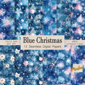 12 digitale nahtlose Muster, Aquarell blau Weihnachtsdekor Für Karten, Einladungen, Sublimation, Stoffdruck, kommerzielle Lizenz